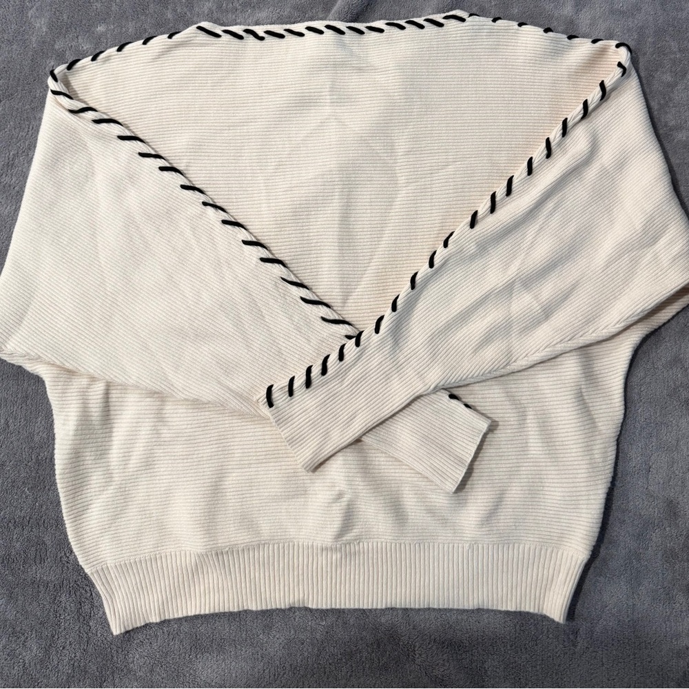 Philosophy Cream Color Off-Shoulder Sweater with Black Whipstitch. Size Medium.